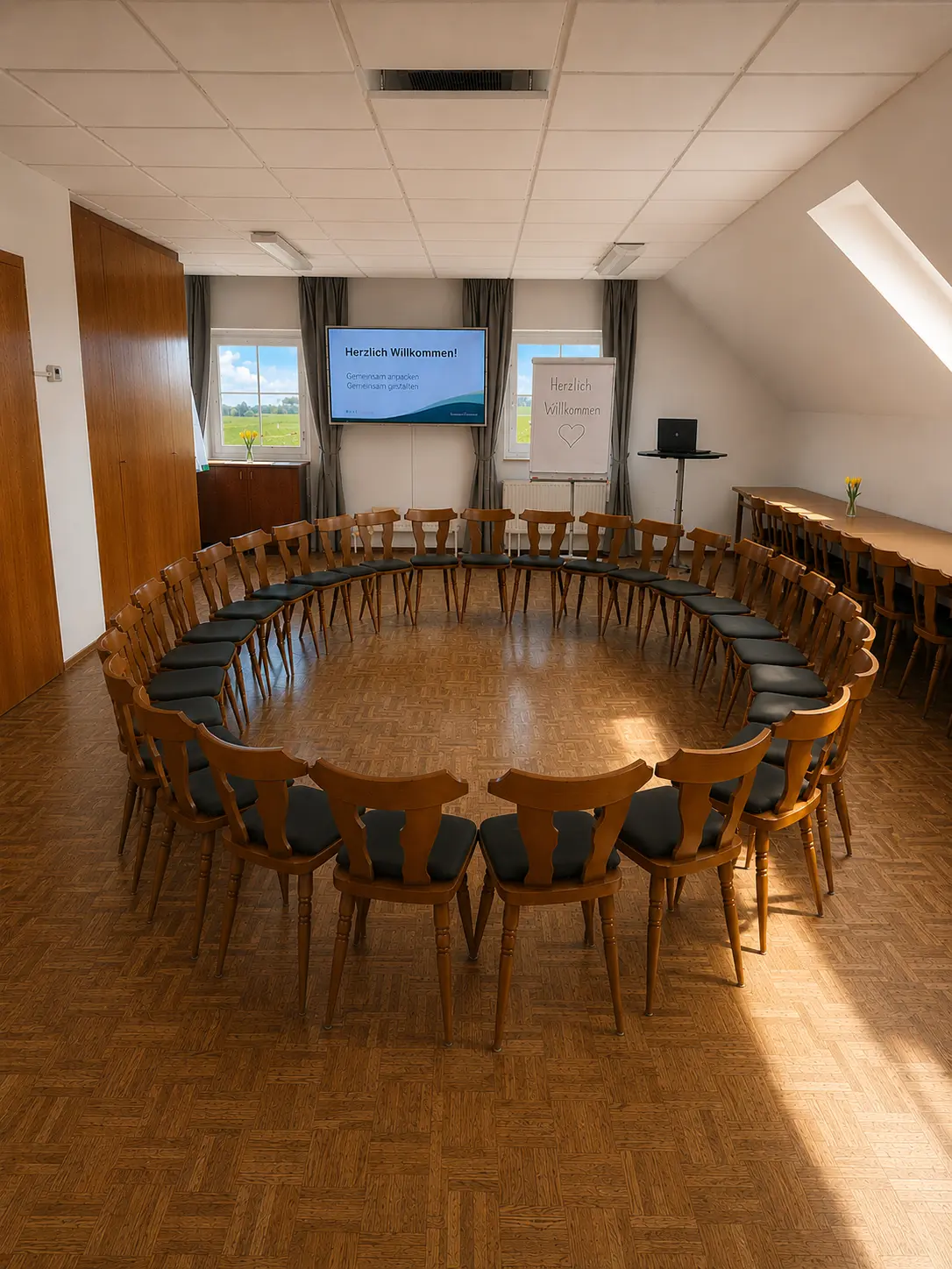 Ein Sesselkreis bei Benutzung für Seminare des Veranstaltungsraums Koglerhaus in der Nähe von Linz.