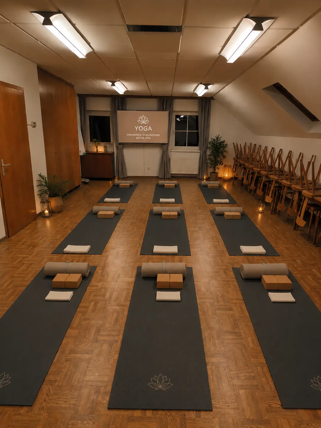Ein Beispielbild der Ausstattung für eine Yogastunde im Veranstaltungsraum Koglerhaus in der Nähe von Linz.